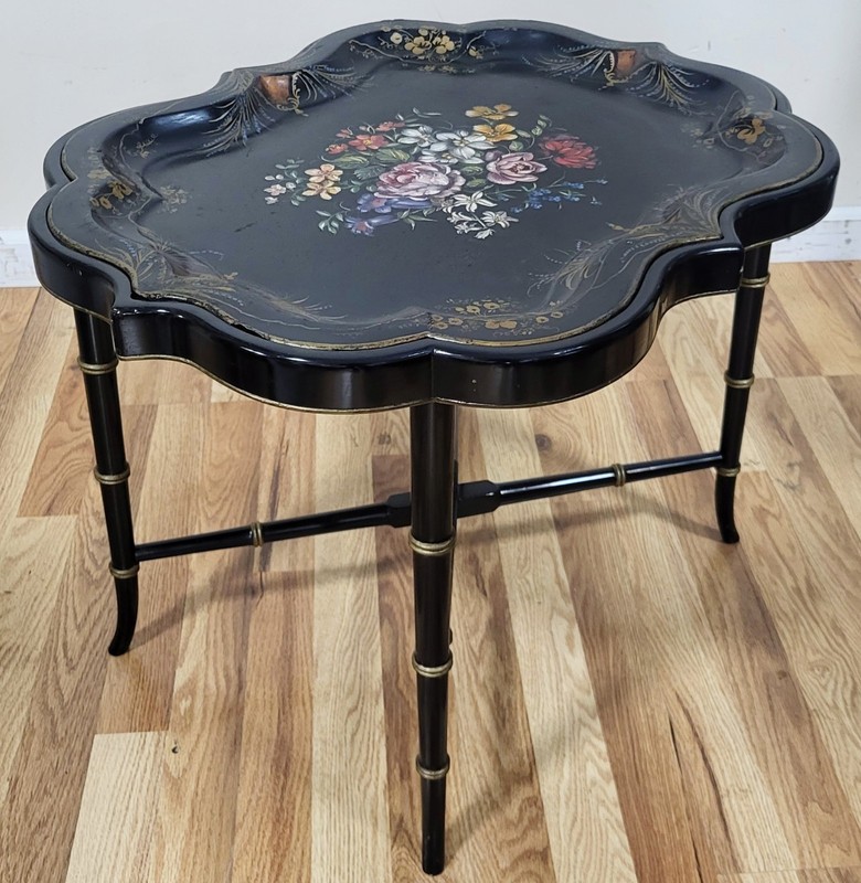 Vintage 20th C ENGLISH Regency Style BAMBOO Base PAPIER MACHE TRAY Coffee TABLE gallery