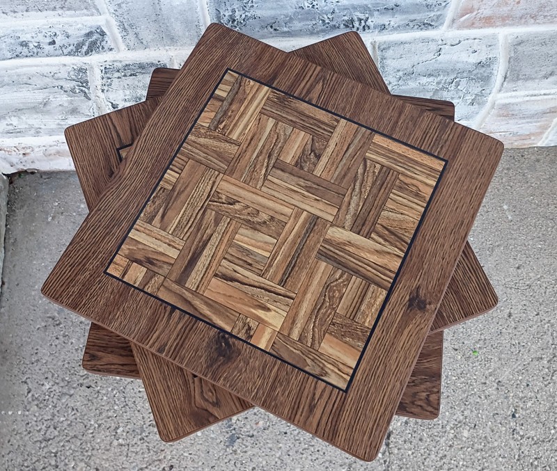 3 Vtg Mid Century Inlaid Woodgrain Laminate Stacking Nesting Snack End Tables gallery