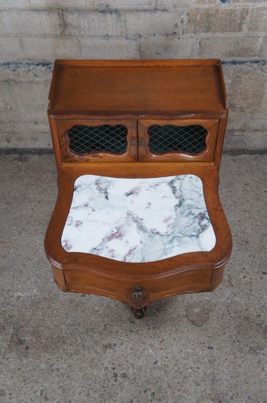 Mid Century French Provincial Serpentine Walnut Marble Lattice Tiered Step Table gallery