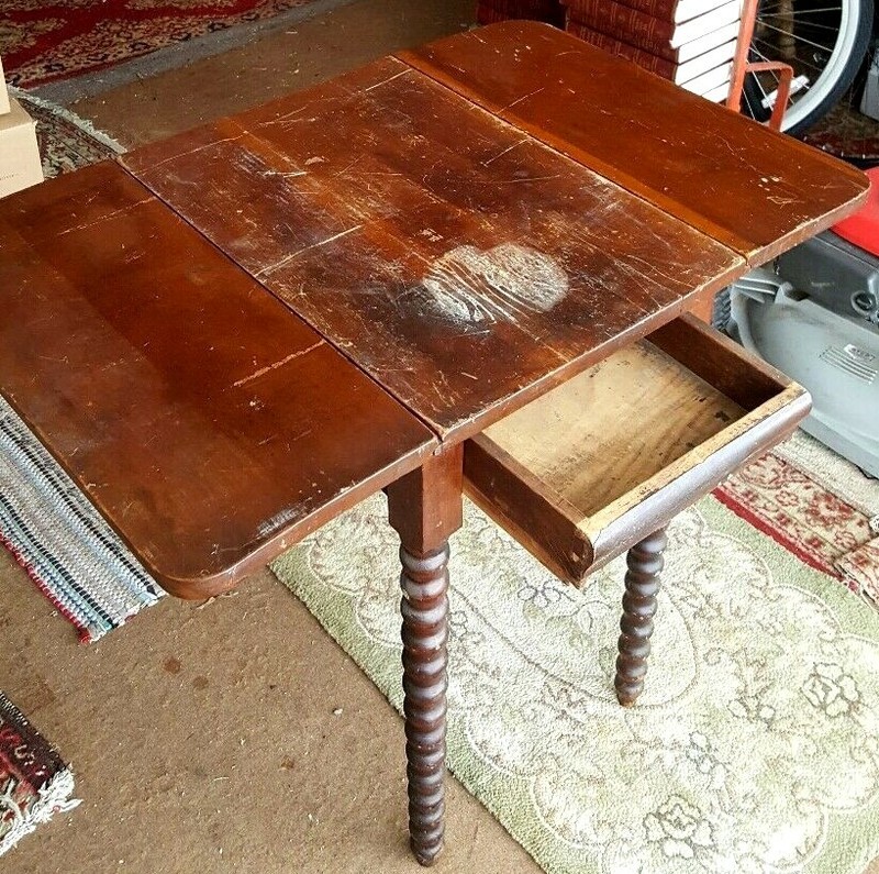 Drop Leaf Side End Table Waterfall Drawer, Early 19th Furniture American c1840 gallery