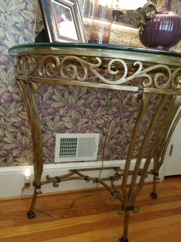 VTG WROUGHT IRON w/ GLASS TOP CONSOLE/ENTRYWAY/FOYER TABLE & MIRROR gallery