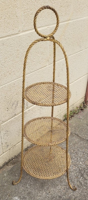 1950s Italian Gold Gilt Tole Rope 3-Tier Etagere Stand MCM Hollywood Regency