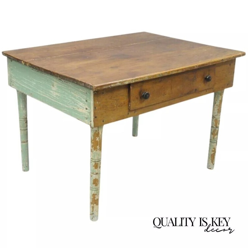 American Primitive Blue Green Distress Painted Rustic Barn Wood Farm Work Table