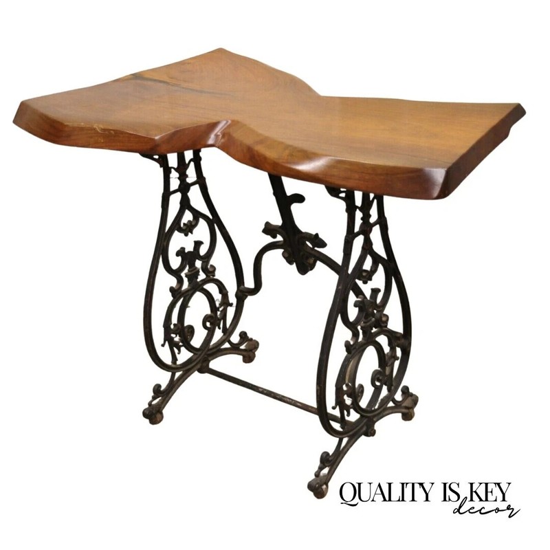 William Herrick Cast Iron Sewing Machine Base Live Edge Walnut Top Console Table