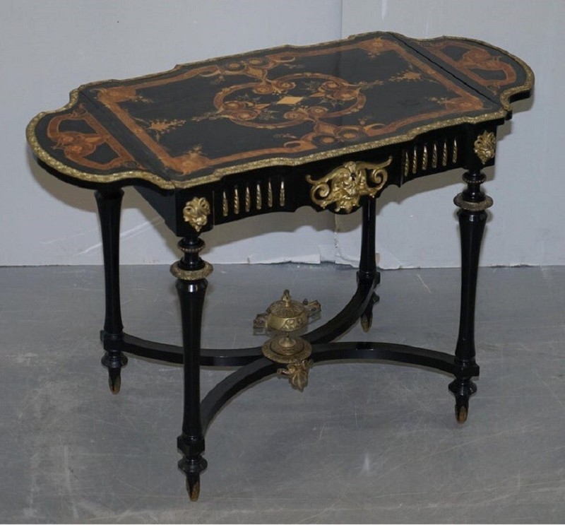 19th Century Louis Philippe Ebonised Marquetry Inlaid Bronze Extending Table gallery