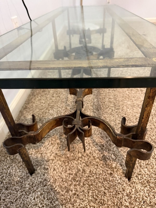 Century Gilt Wrought Iron Coffee Table Glass Top Hollywood Regency 1950s gallery