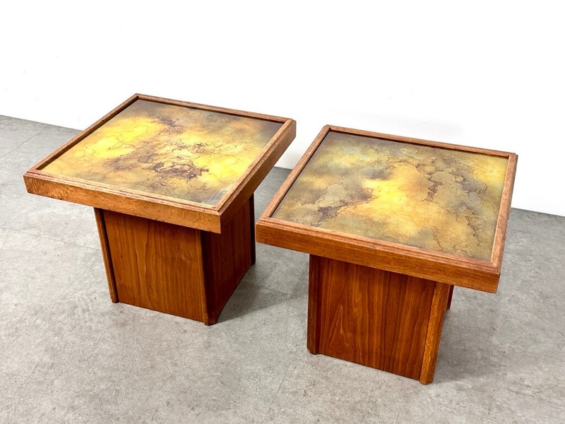 Vintage Mid Century Modern Walnut Glass Pedestal Side End Tables John Keal