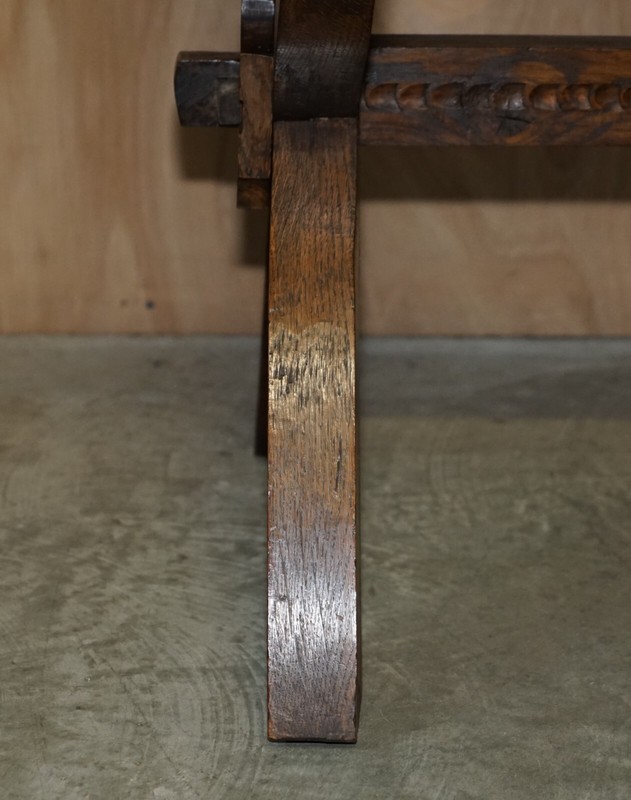 VINTAGE HAND CARVED CIRCA 1950'S TRESTLE DINING TABLE ENGLISH OAK JACOBEAN STYLE gallery