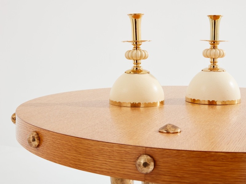 Garouste & Bonetti solid oak and patinated bronze gueridon table 1987 gallery