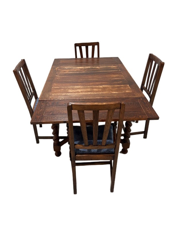 Antique English Tiger Oak Expandable Draw Leaf Table Dining Set, C. 1900 gallery
