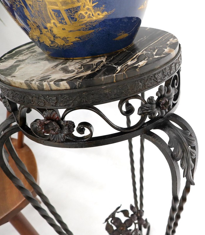 Round Black & White Marble Top Wrought Iron Pedestal Stand Table gallery