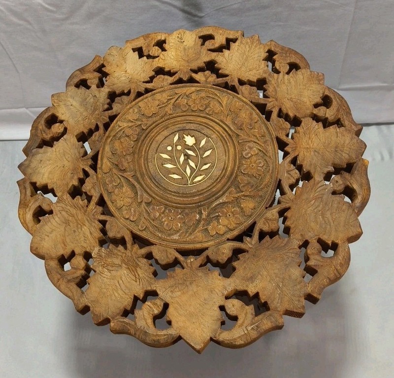 Vintage Hand Carved Anglo-Indian Folding side table Plant Stand Pedestal Inlay