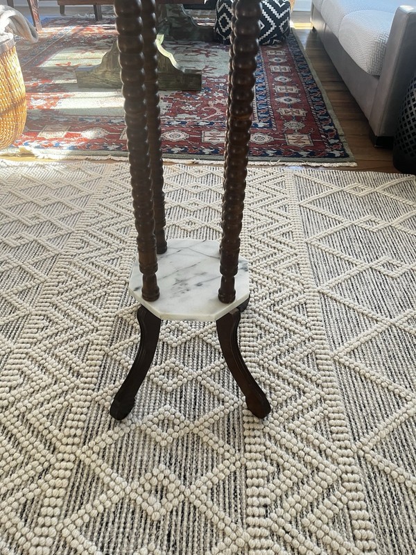 Vintage Traditional Turned Walnut & Marble Plant Stand Pedestal gallery