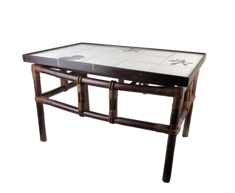 John Wisner for Ficks Reed Asian Modern Side Table White Decorated Tile Top gallery