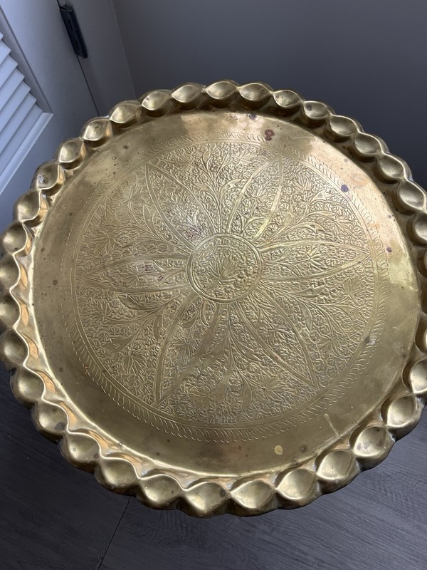 Vtg Mid Century Spider Leg Brass Tray Table Hand Etched Boho Moroccan India gallery