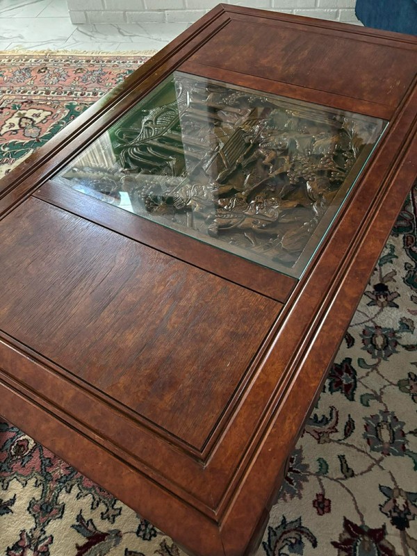 Vintage Burl Walnut Coffee Table: Hand-Carved Asian Landscape, Glass Top, Hidden gallery