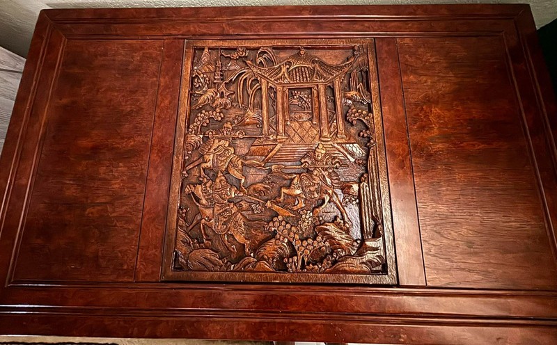 Vintage Burl Walnut Coffee Table: Hand-Carved Asian Landscape, Glass Top, Hidden gallery