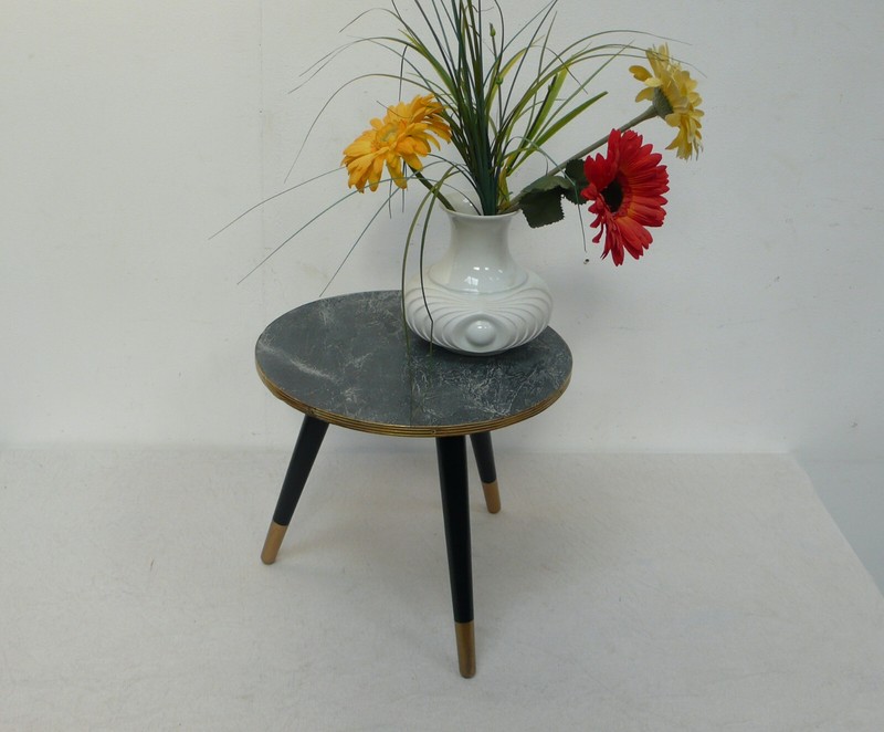 50s 60s Plant Table Round, Grey Marbled Formica, German Mid Century Modern
