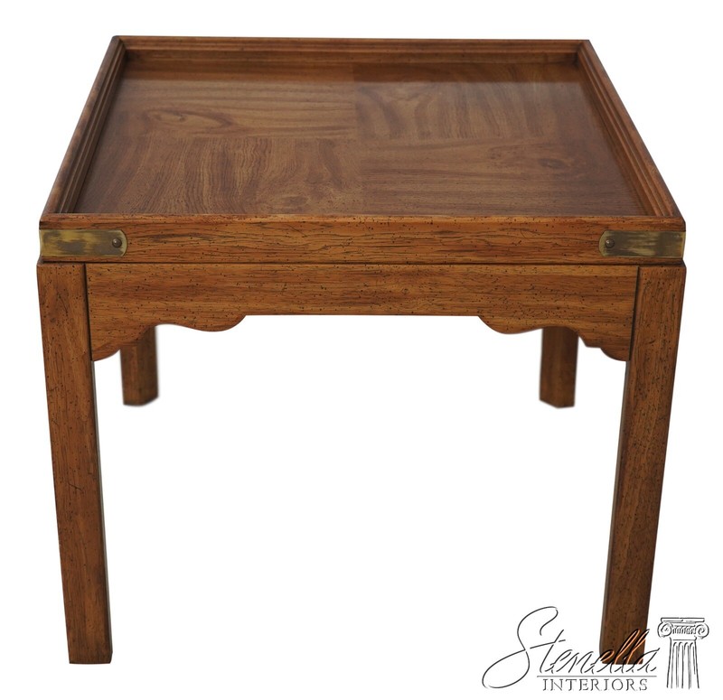 68801: DREXEL Oak Rustic Square Brass Band Lamp Table