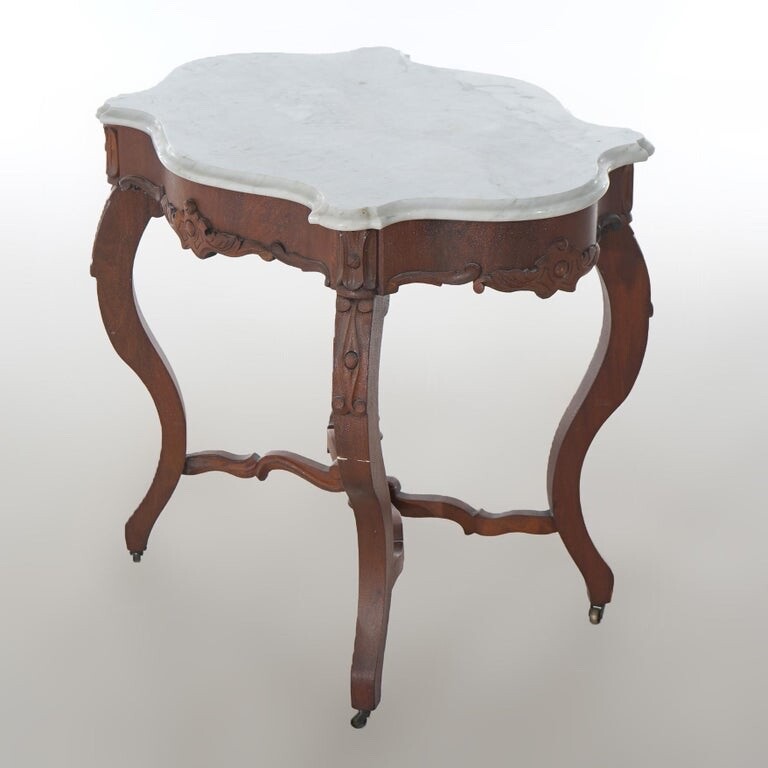 Antique Victorian Carved Walnut & Marble Turtle Top Parlor Table C1890 gallery