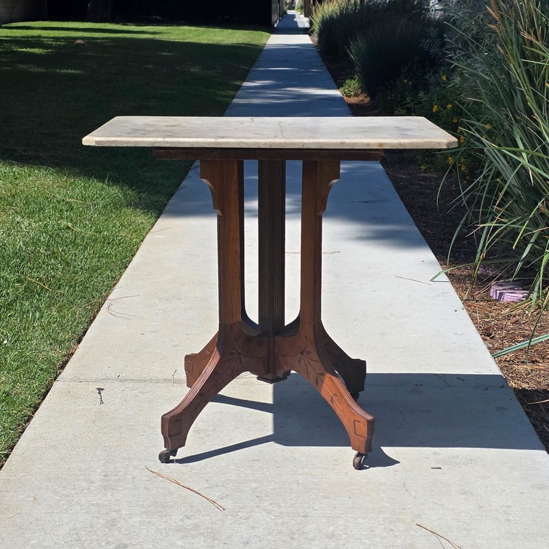 Antique Eastlake Marble Top Side Table Walnut Wood Victorian 19th C Lamp Stand
