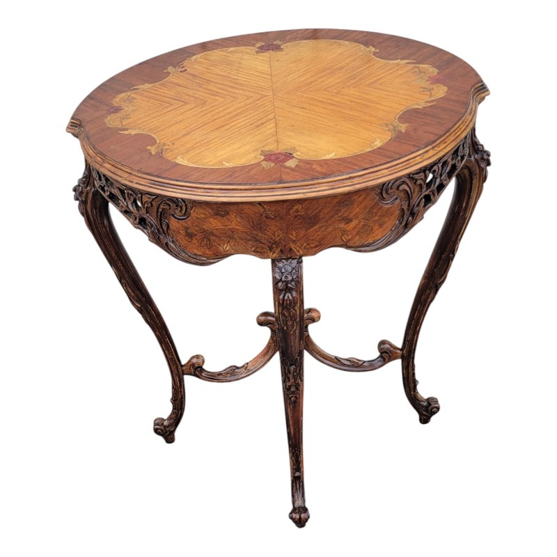 1940s Italian Walnut & Satinwood Inlay Carved Side Sofa Occasional Table gallery