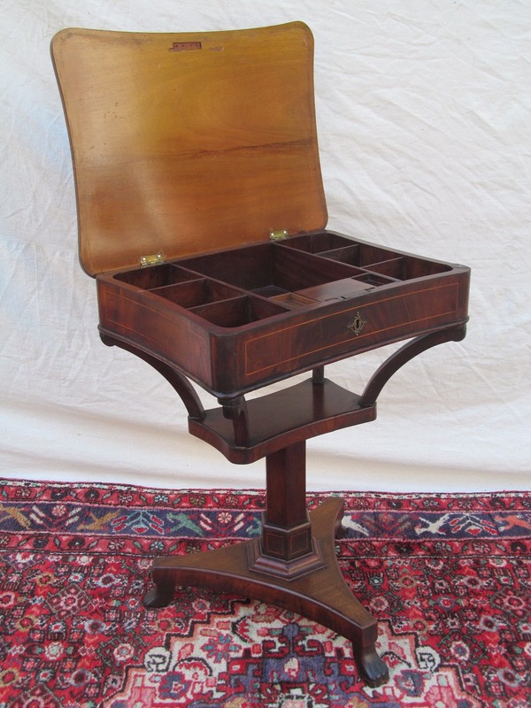 ANTIQUE REGENCY PERIOD MAHOGANY CONCH SHELL INLAID SEWING TABLE WITH LIFT TOP gallery