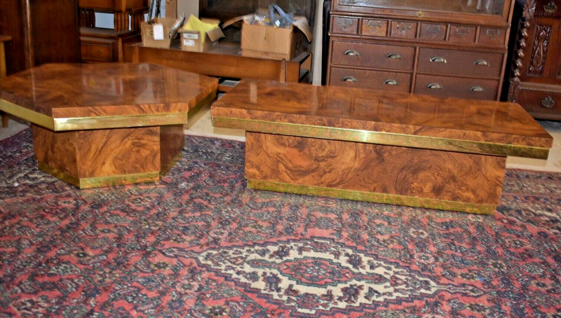 Mid Century Milo Baughman Burled Walnut, Brass Coffee Table Set, Hexagon Table gallery