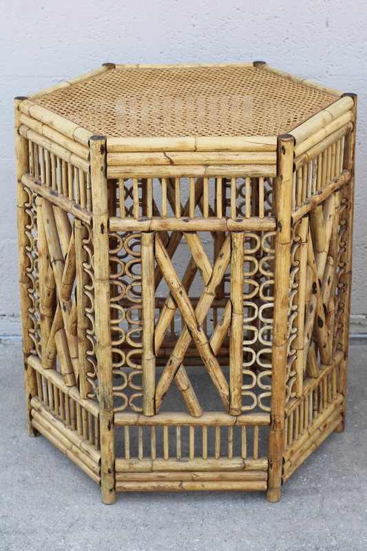Large Vintage Brighton Pavilion Style Burnt Bamboo Fretwork Dining Table Bases gallery