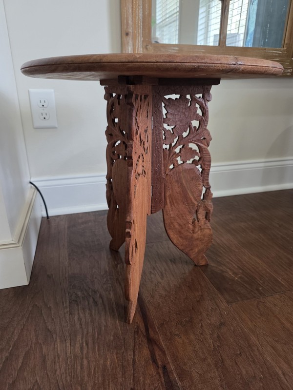 Antique Wood Engraved Round Accent Table Anglo-Indian Fold Away Side Vintage gallery