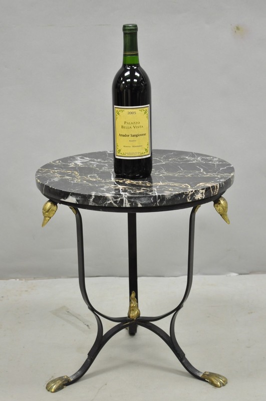 Italian Regency Round Marble Top Wrought Iron Brass Swan Low Drink Table - Pair gallery
