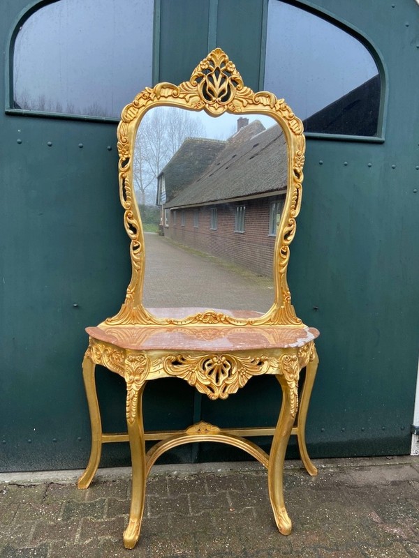 Console with Mirror Set Louis XVI Style Gold Leaf Pink Marble Vintage gallery
