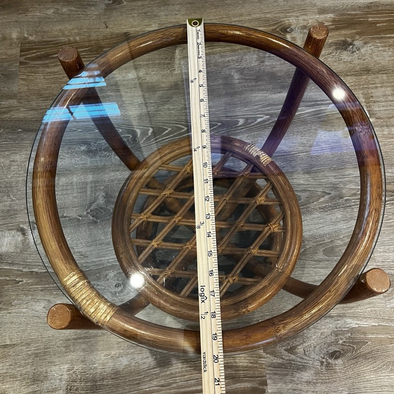 Mid 20th Century Boho Rattan Bamboo Round Side Table MCM Glass Top gallery