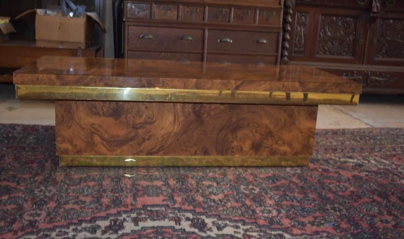 Mid Century Milo Baughman Burled Walnut, Brass Coffee Table Set, Hexagon Table gallery