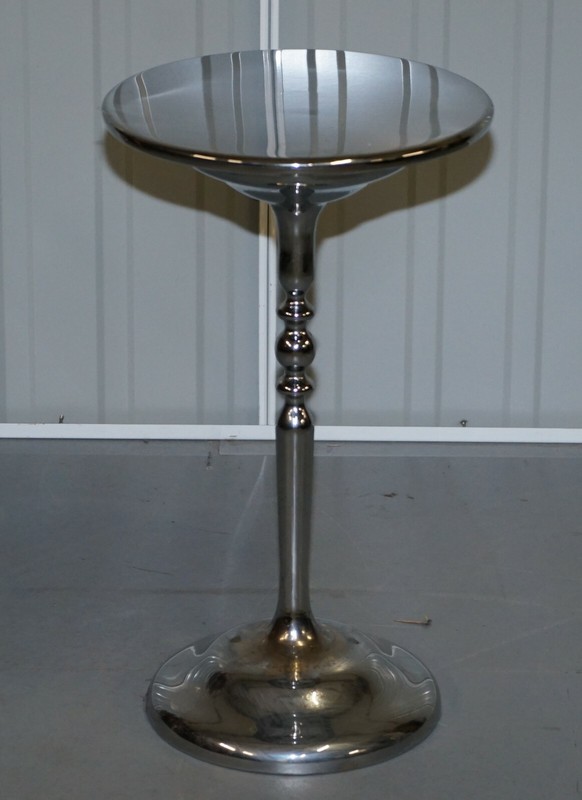 PAIR OF CHROME PLATED VINTAGE SIDE TABLES ON SOLID OAK BASES PART OF LARGE SUITE gallery