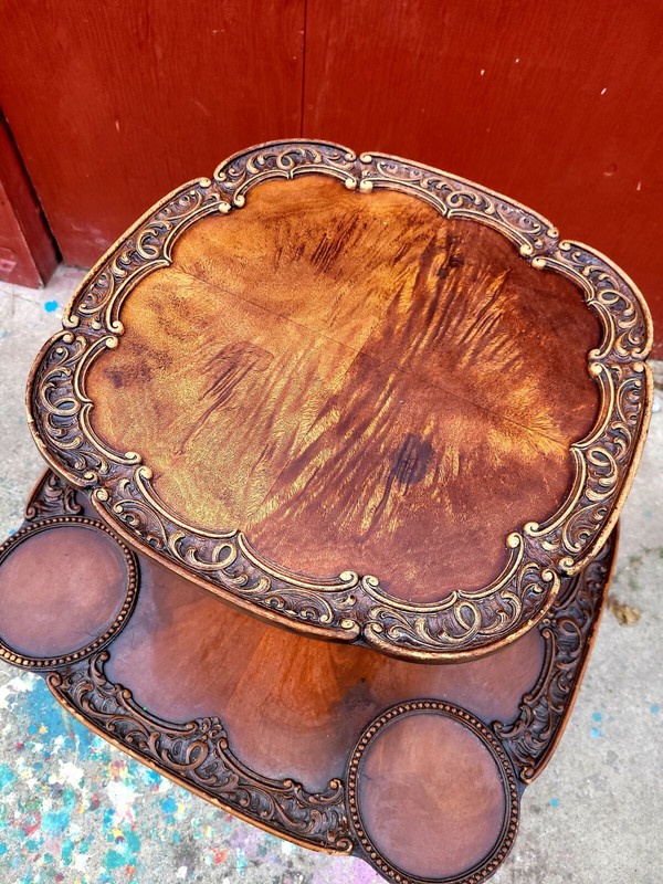 Antique  two tier occasional  table with  beautiful  carved wood gallery