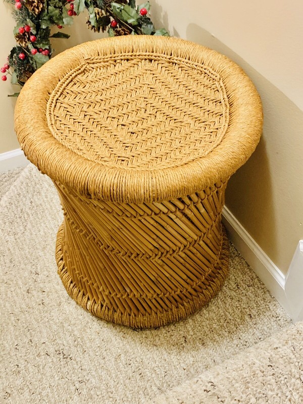 Vtg Table Plant Stand Ottoman Stool Cane Rattan Wicker Woven Boho Mid Century gallery