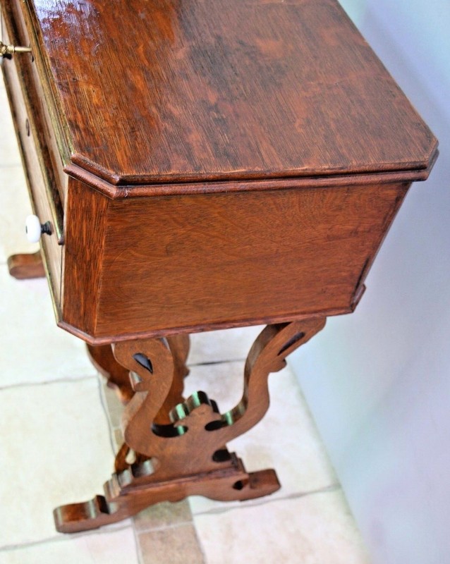 Antique Tiger Oak Victorian Sewing Work Stand Desk Two Locking Drawers with Key gallery