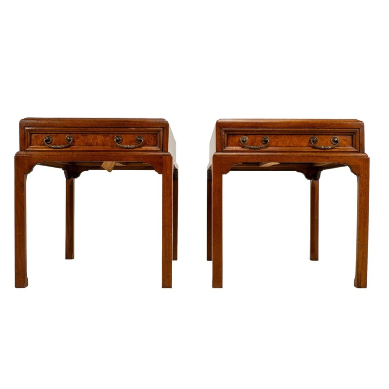 Vintage Burl Walnut Nightstands by Fine Arts Furniture W/ Brass Handles - A Pair gallery