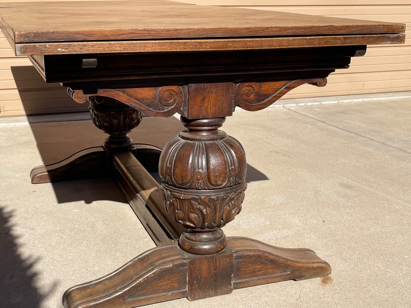 French Henri II Antique Pedistal Dining Room Oak Table circa 1900 gallery