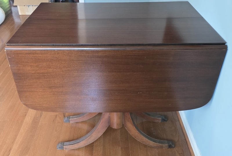 Antique Duncan Phyfe Style Triple Pedestal Mahogany Drop-Leaf Dining Table Claw gallery