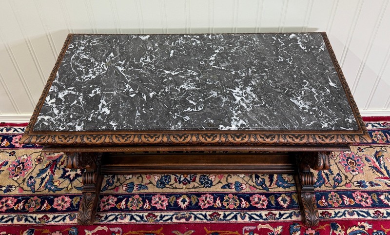 Antique French Coffee Table Bench Window Seat Marble Top Oak Renaissance Revival gallery