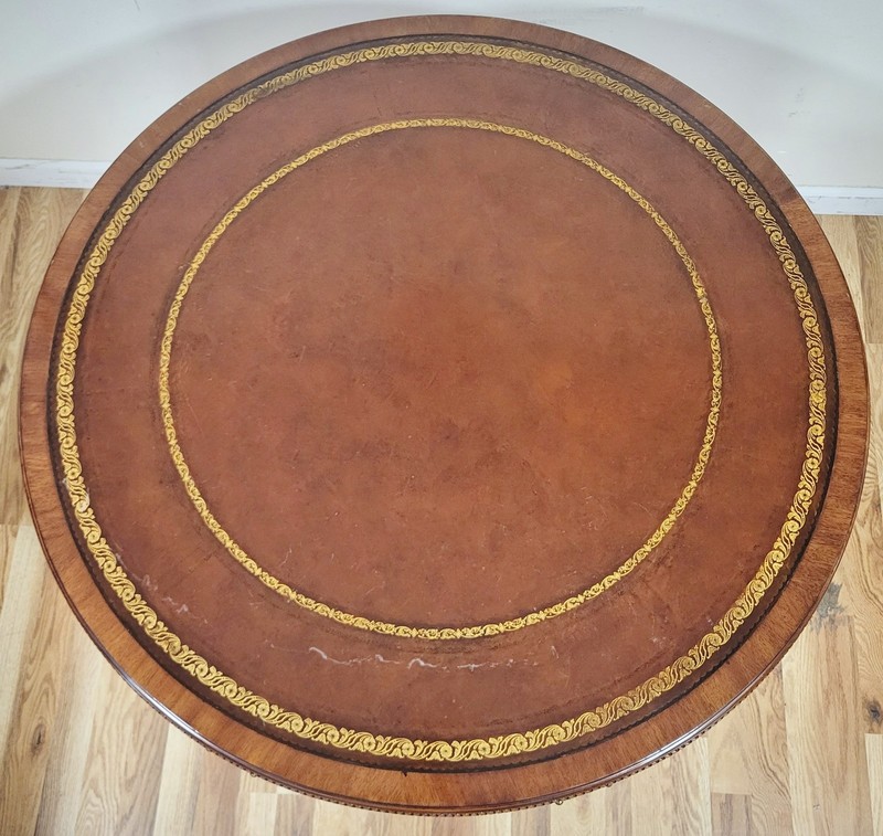 Vintage AMERICAN Mahogany Gilt Tooled LEATHER Top DRUM TABLE Heirloom WEIMAN gallery