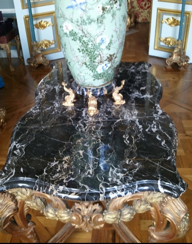 Louis XV Table , 19th Century , Grand & Sculpted w rare Saint Laurent Marble Top gallery