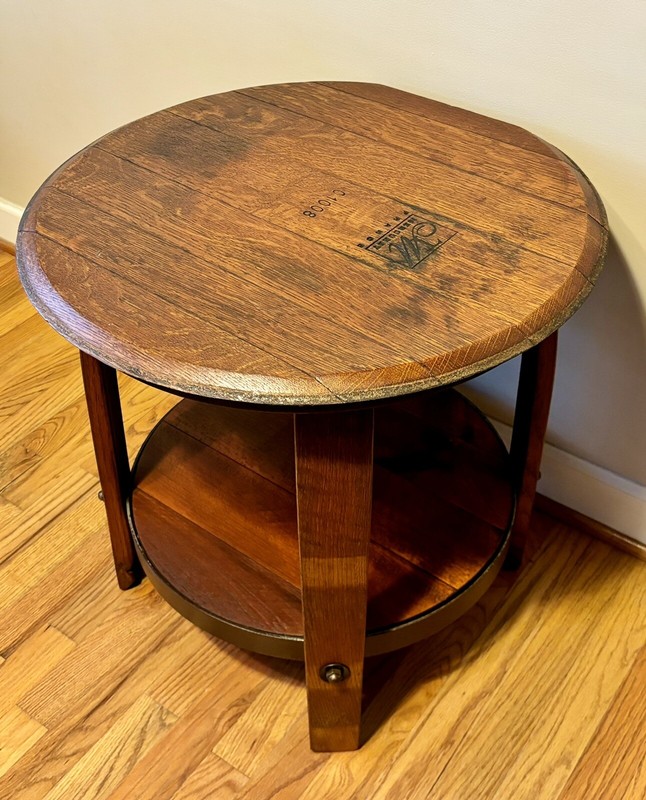 Vintage Tonnellerie de Mercurey Small Oak & Iron Wine Barrel Accent Table