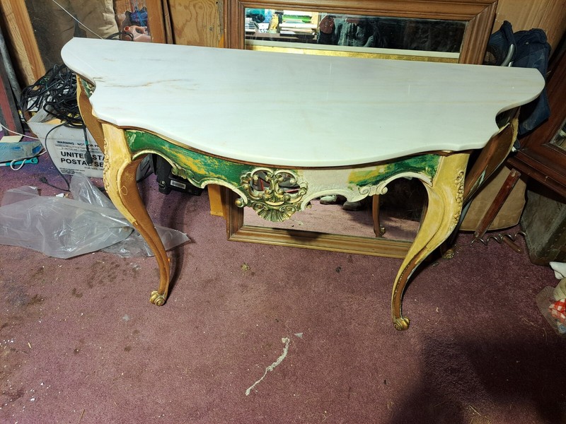 Antique Marble & Wood Table With Dims Of 28” H X 36” L X 18” W. Hand Crafted