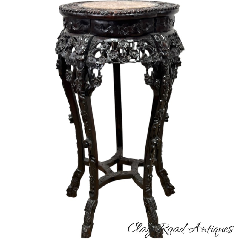 Antique carved rosewood Chinese plant fern stand pedestal marble top table stand gallery