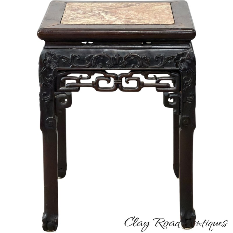 Antique Chinese rosewood victorian rose marble top plant stand pedestal ornate gallery