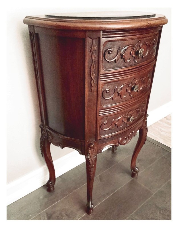 Antique Louis XV End Table 3 Drawers, Solid Walnut, Italian Black Gold Marble! gallery