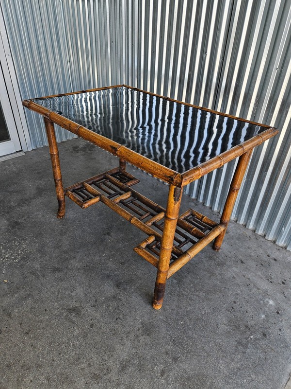 Rattan Chinese Chippendale Accent Table With Black lacquer Top gallery
